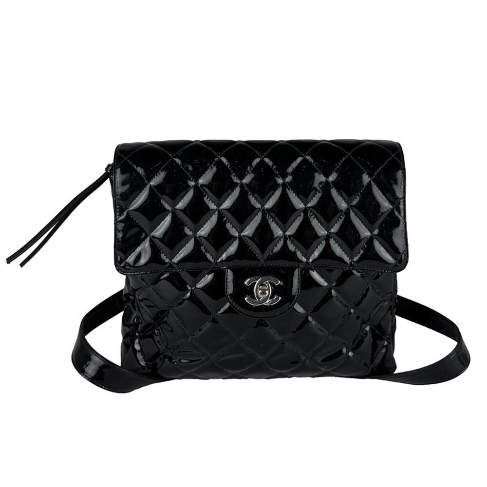 Chanel CHANEL Backpack, Patent Leather, Black/Silver, Women's z11087
